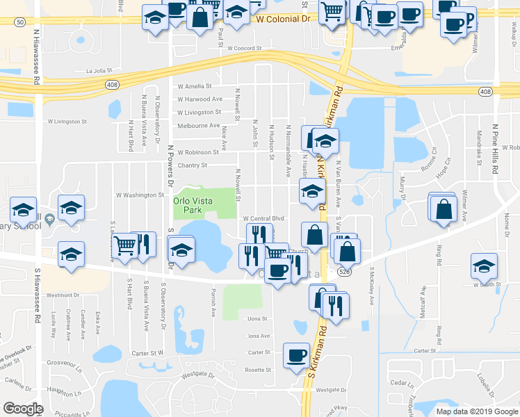 map of restaurants, bars, coffee shops, grocery stores, and more near 17 North John Street in Orlando