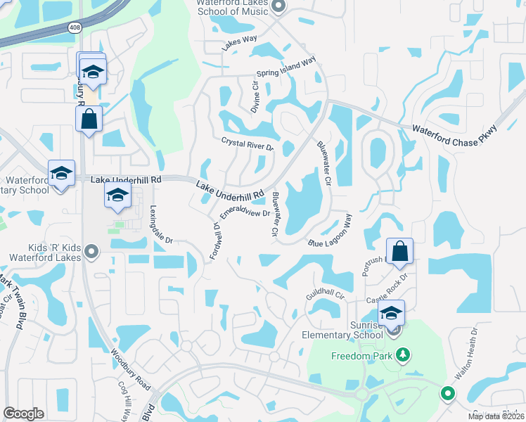 map of restaurants, bars, coffee shops, grocery stores, and more near 13540 Bluewater Circle in Orlando