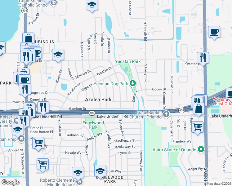 map of restaurants, bars, coffee shops, grocery stores, and more near 207 Balsam Drive in Orlando