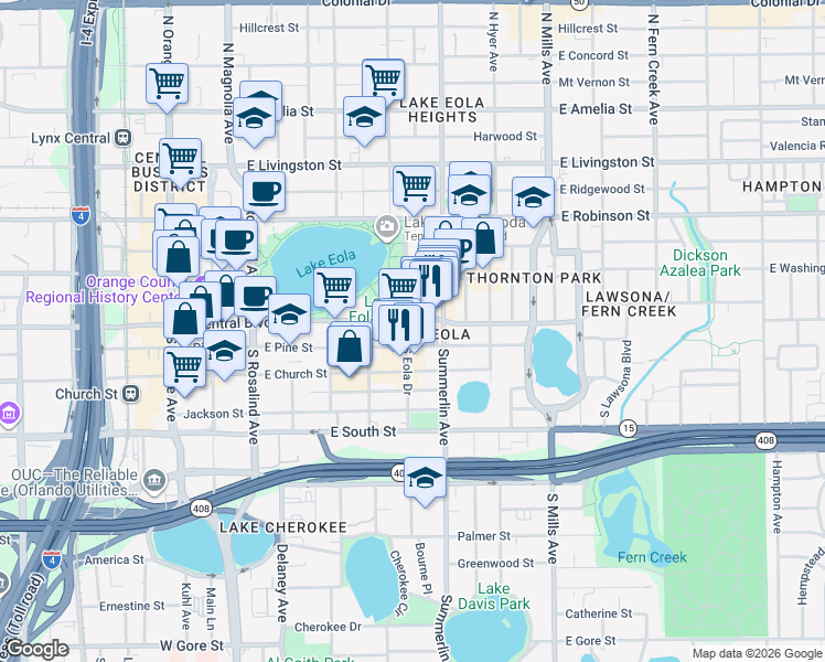 map of restaurants, bars, coffee shops, grocery stores, and more near in Orlando
