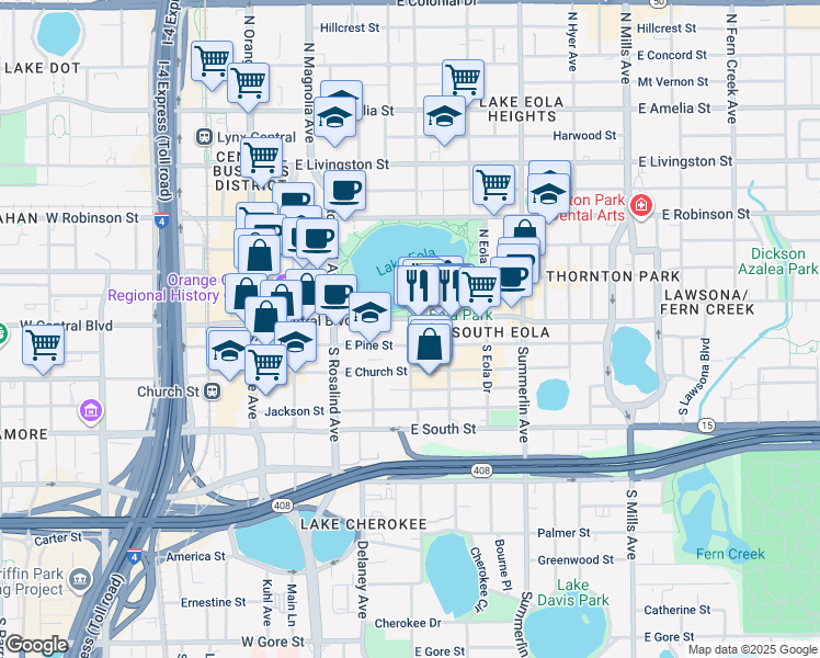 map of restaurants, bars, coffee shops, grocery stores, and more near in Orlando