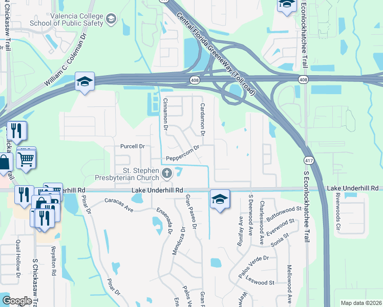 map of restaurants, bars, coffee shops, grocery stores, and more near 204 Peppertree Drive in Orlando