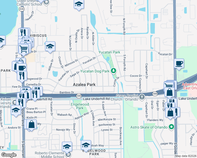 map of restaurants, bars, coffee shops, grocery stores, and more near 207 Balsam Drive in Orlando