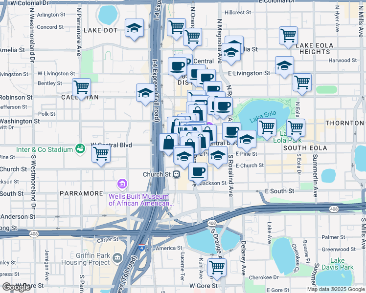 map of restaurants, bars, coffee shops, grocery stores, and more near in Orlando