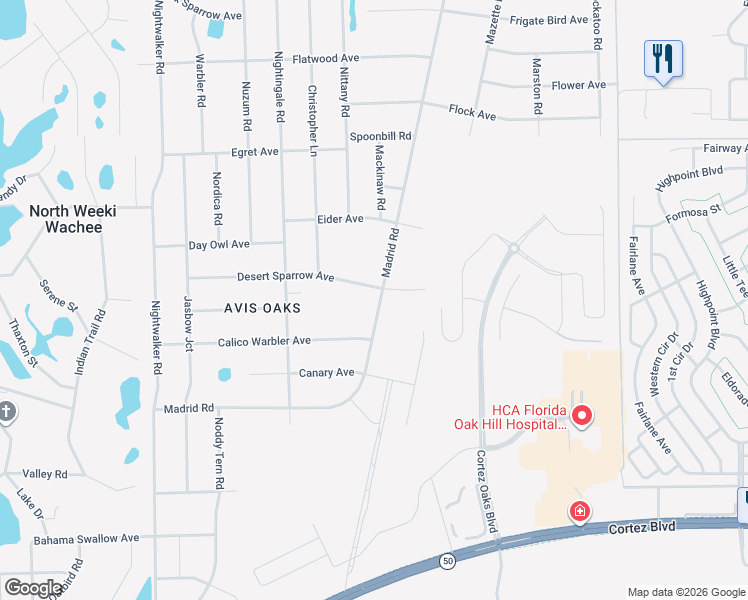 map of restaurants, bars, coffee shops, grocery stores, and more near 7505 Madrid Rd in Brooksville