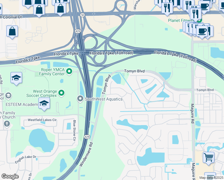 map of restaurants, bars, coffee shops, grocery stores, and more near 880 Mount Pleasant Drive in Ocoee
