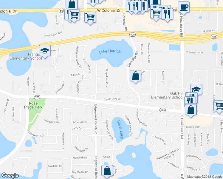 map of restaurants, bars, coffee shops, grocery stores, and more near 7404 Herricks Loop in Orlando