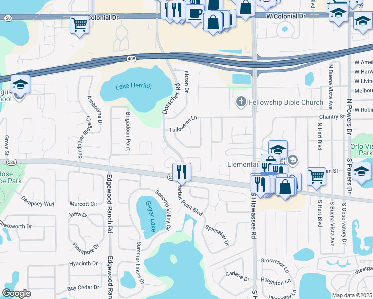 map of restaurants, bars, coffee shops, grocery stores, and more near 7262 Cherry Laurel Drive in Orlando