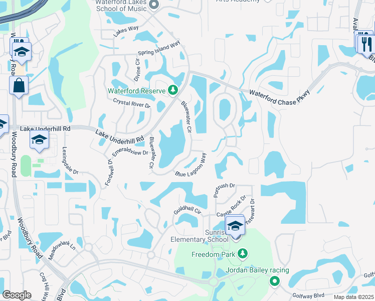 map of restaurants, bars, coffee shops, grocery stores, and more near 13761 Bluewater Circle in Orlando