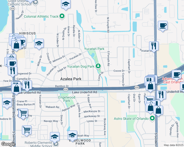 map of restaurants, bars, coffee shops, grocery stores, and more near 206 Lynbrook Drive in Orlando