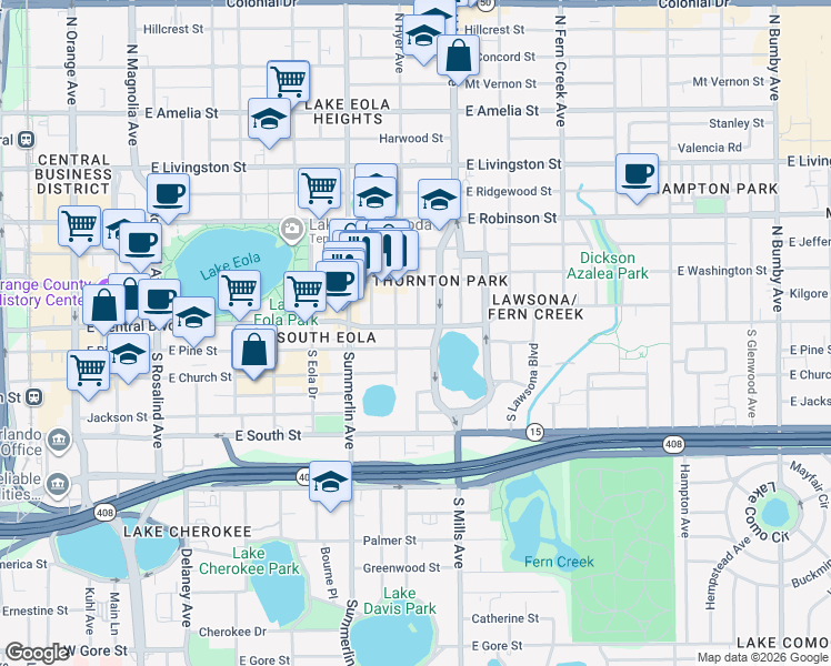 map of restaurants, bars, coffee shops, grocery stores, and more near 918 East Central Boulevard in Orlando