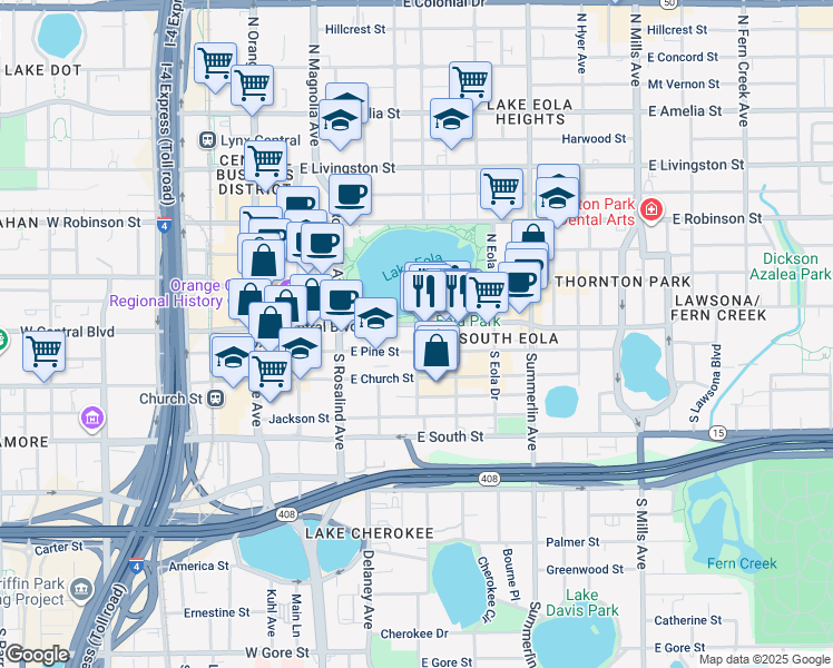 map of restaurants, bars, coffee shops, grocery stores, and more near in Orlando