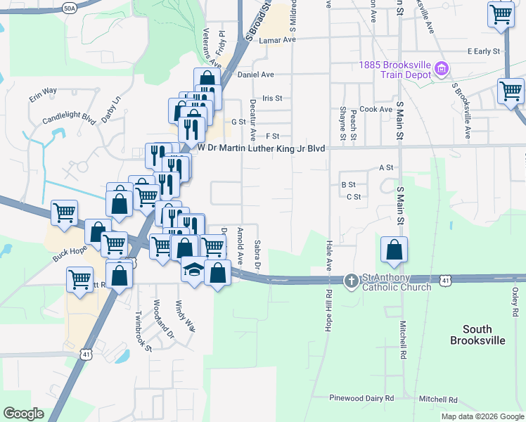 map of restaurants, bars, coffee shops, grocery stores, and more near 601 7 Oaks Court in Brooksville