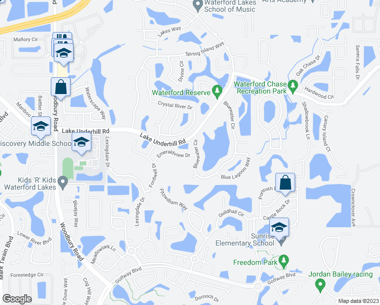 map of restaurants, bars, coffee shops, grocery stores, and more near 13645 Emeraldview Drive in Orlando
