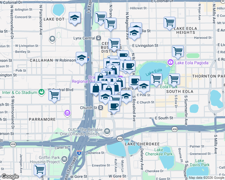 map of restaurants, bars, coffee shops, grocery stores, and more near 1 South Orange Avenue in Orlando