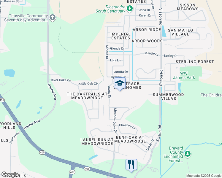 map of restaurants, bars, coffee shops, grocery stores, and more near 5514 Kathy Drive in Titusville