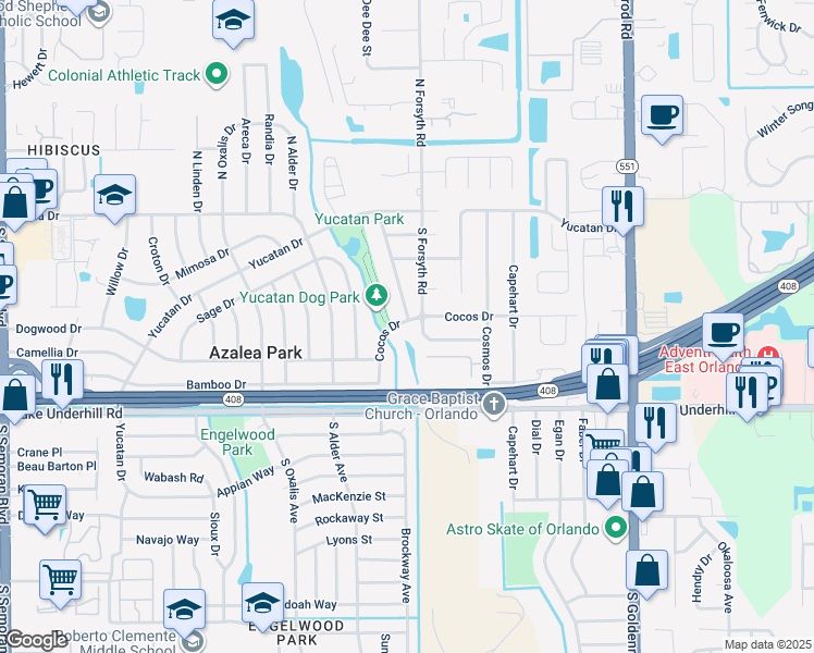 map of restaurants, bars, coffee shops, grocery stores, and more near 6602 Cocos Drive in Orlando