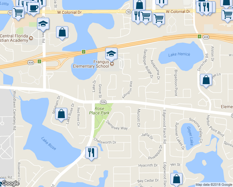 map of restaurants, bars, coffee shops, grocery stores, and more near 8209 Baywest Court in Orlando