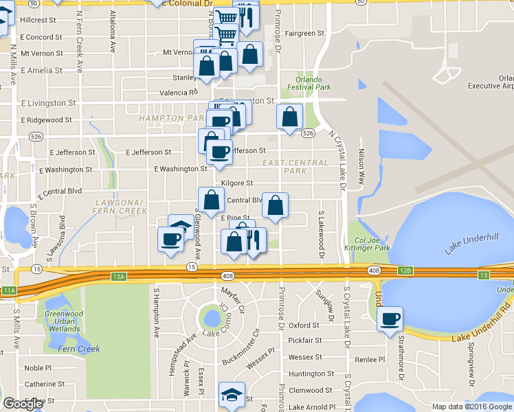 map of restaurants, bars, coffee shops, grocery stores, and more near 2604 East Central Boulevard in Orlando