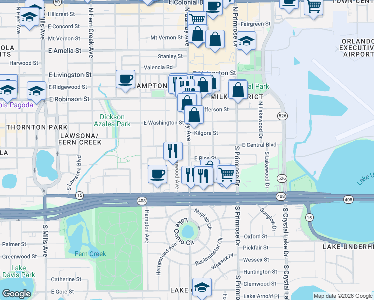 map of restaurants, bars, coffee shops, grocery stores, and more near 2306 East Central Boulevard in Orlando