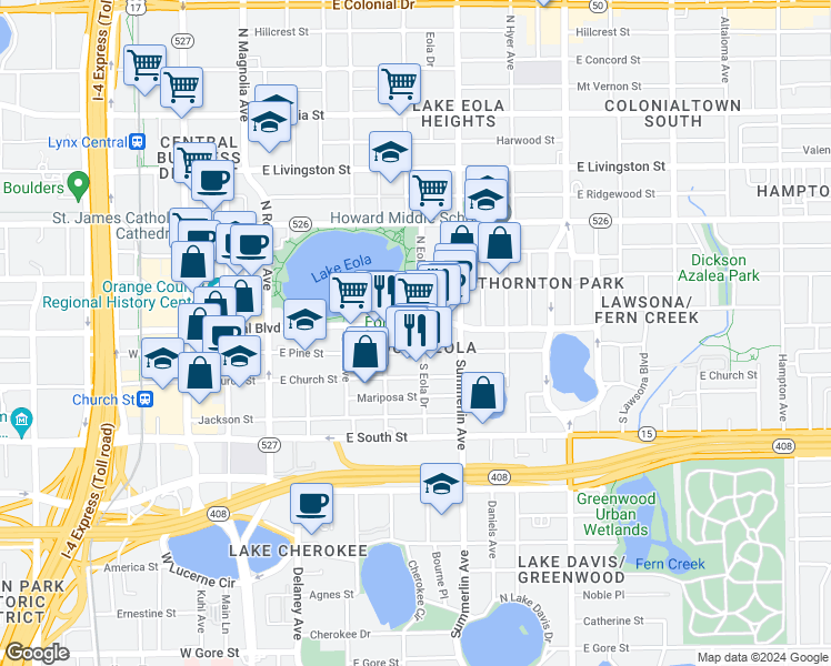 map of restaurants, bars, coffee shops, grocery stores, and more near 500 East Central Boulevard in Orlando
