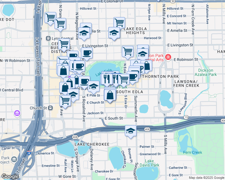map of restaurants, bars, coffee shops, grocery stores, and more near in Orlando