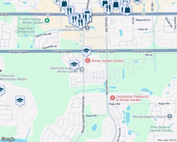 map of restaurants, bars, coffee shops, grocery stores, and more near 13425 Daniels Landing Circle in Winter Garden