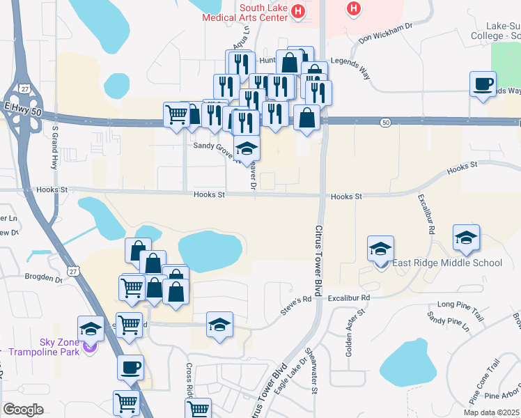 map of restaurants, bars, coffee shops, grocery stores, and more near 1601 Hooks Street in Clermont