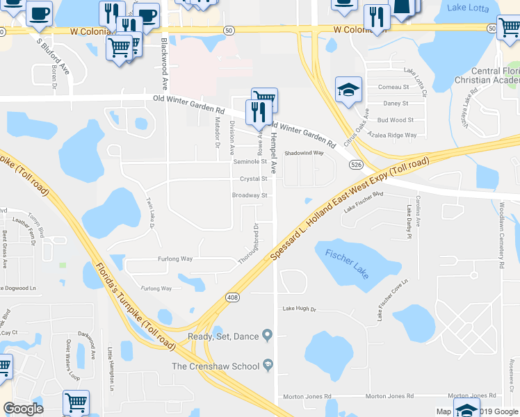 map of restaurants, bars, coffee shops, grocery stores, and more near 1601 Thoroughbred Dr in Gotha