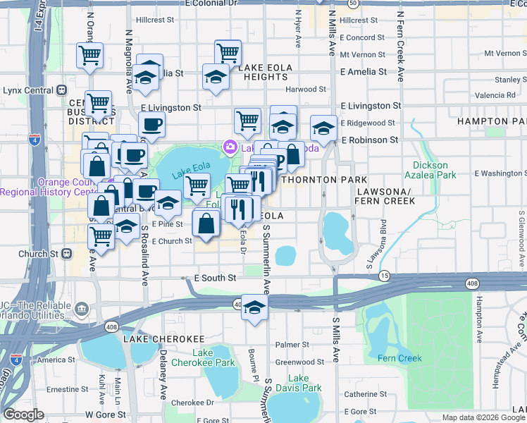 map of restaurants, bars, coffee shops, grocery stores, and more near in Orlando