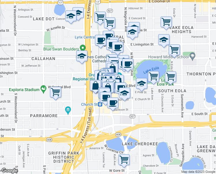map of restaurants, bars, coffee shops, grocery stores, and more near 18 West Central Boulevard in Orlando