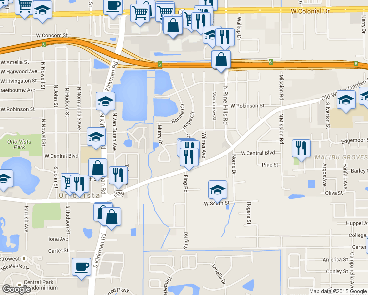 map of restaurants, bars, coffee shops, grocery stores, and more near 117 Leonard Court in Orlando