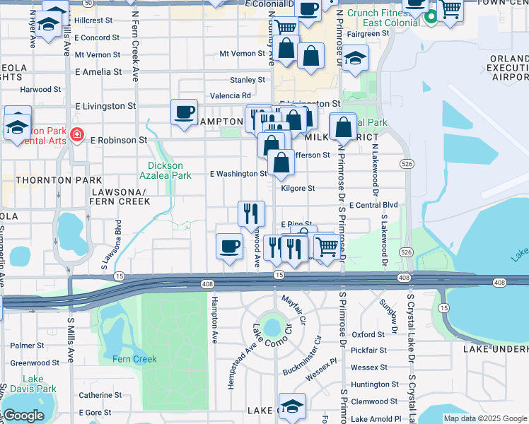 map of restaurants, bars, coffee shops, grocery stores, and more near 2306 East Central Boulevard in Orlando