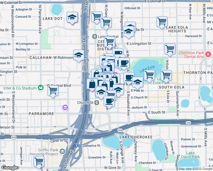 map of restaurants, bars, coffee shops, grocery stores, and more near 1 South Orange Avenue in Orlando