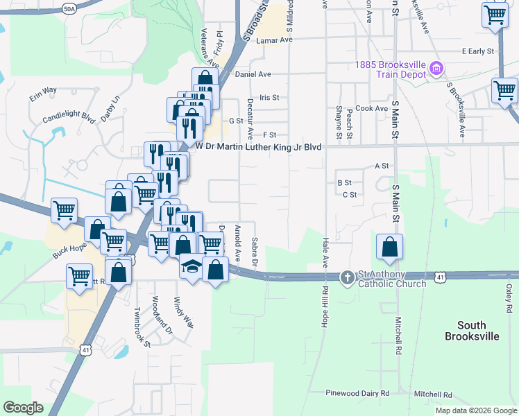 map of restaurants, bars, coffee shops, grocery stores, and more near 601 7 Oaks Court in Brooksville