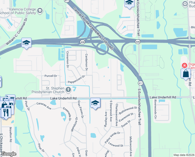 map of restaurants, bars, coffee shops, grocery stores, and more near 8850 Pine Bay Court in Orlando