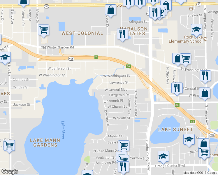 map of restaurants, bars, coffee shops, grocery stores, and more near 3425 West Central Boulevard in Orlando