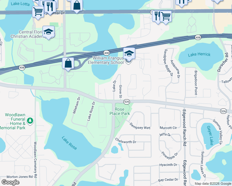 map of restaurants, bars, coffee shops, grocery stores, and more near 143 Lake Drive in Orlando