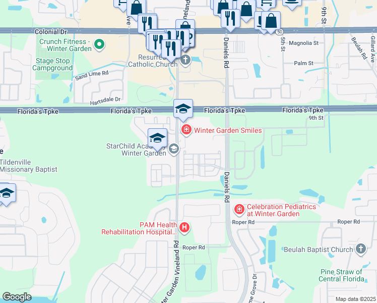 map of restaurants, bars, coffee shops, grocery stores, and more near 13445 Daniels Landing Circle in Winter Garden