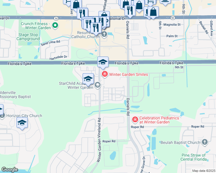 map of restaurants, bars, coffee shops, grocery stores, and more near 13425 Daniels Landing Circle in Winter Garden