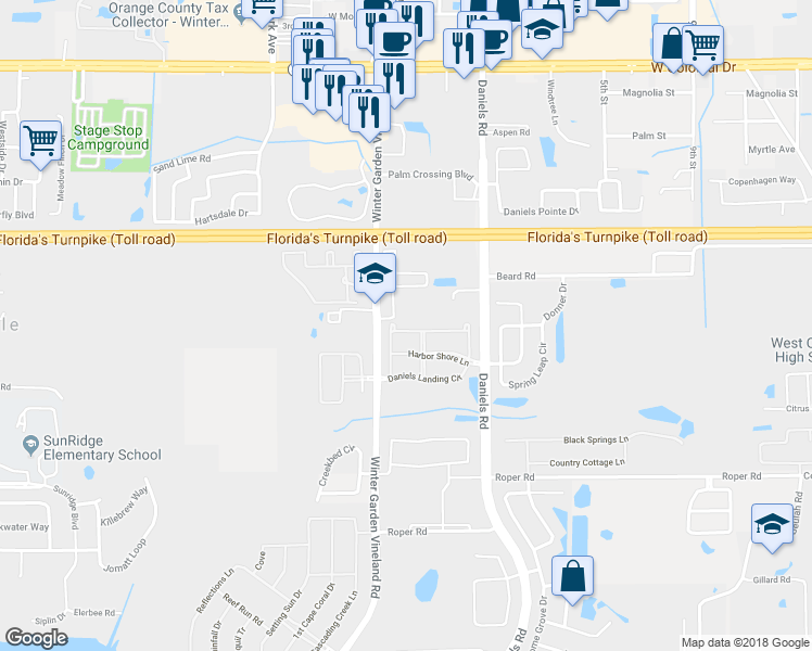 map of restaurants, bars, coffee shops, grocery stores, and more near 13429 Daniels Landing Circle in Winter Garden