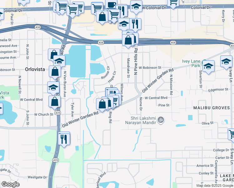 map of restaurants, bars, coffee shops, grocery stores, and more near 111 Quintard Avenue in Orlando
