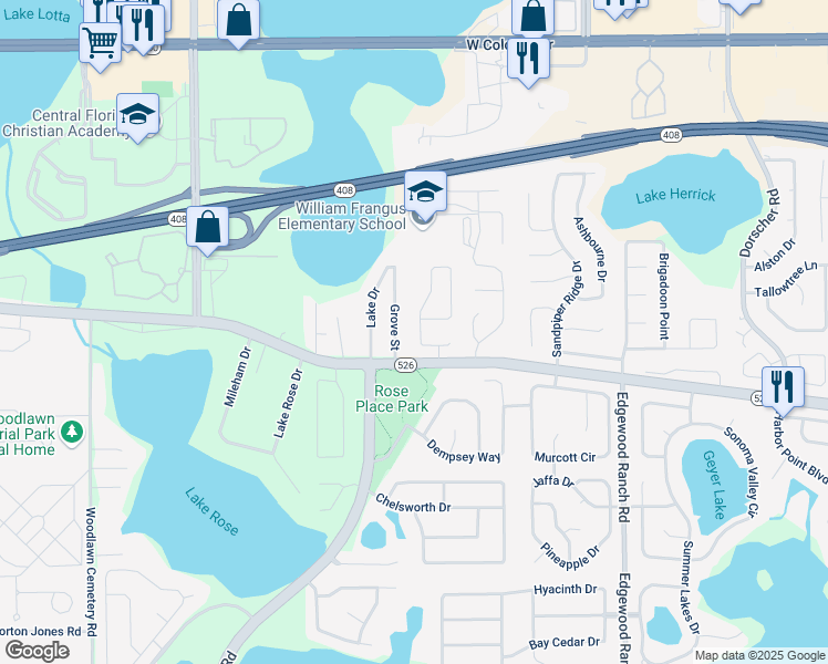 map of restaurants, bars, coffee shops, grocery stores, and more near 134 Baywest Drive in Orlando