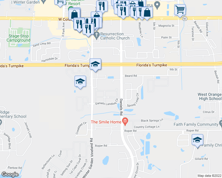 map of restaurants, bars, coffee shops, grocery stores, and more near 13359 Daniels Landing Circle in Winter Garden