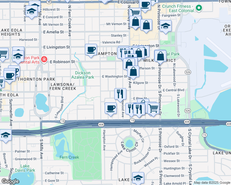 map of restaurants, bars, coffee shops, grocery stores, and more near 2116 East Central Boulevard in Orlando