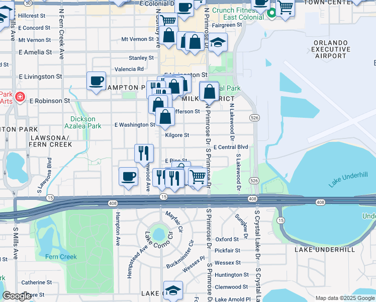 map of restaurants, bars, coffee shops, grocery stores, and more near 2604 East Central Boulevard in Orlando