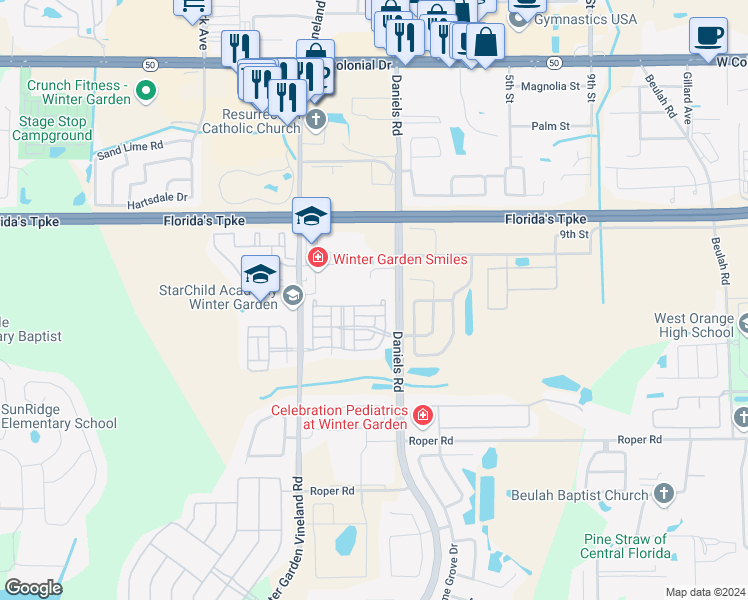 map of restaurants, bars, coffee shops, grocery stores, and more near 13327 Daniels Landing Circle in Winter Garden