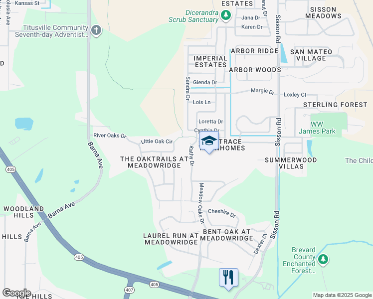 map of restaurants, bars, coffee shops, grocery stores, and more near 5514 Kathy Drive in Titusville