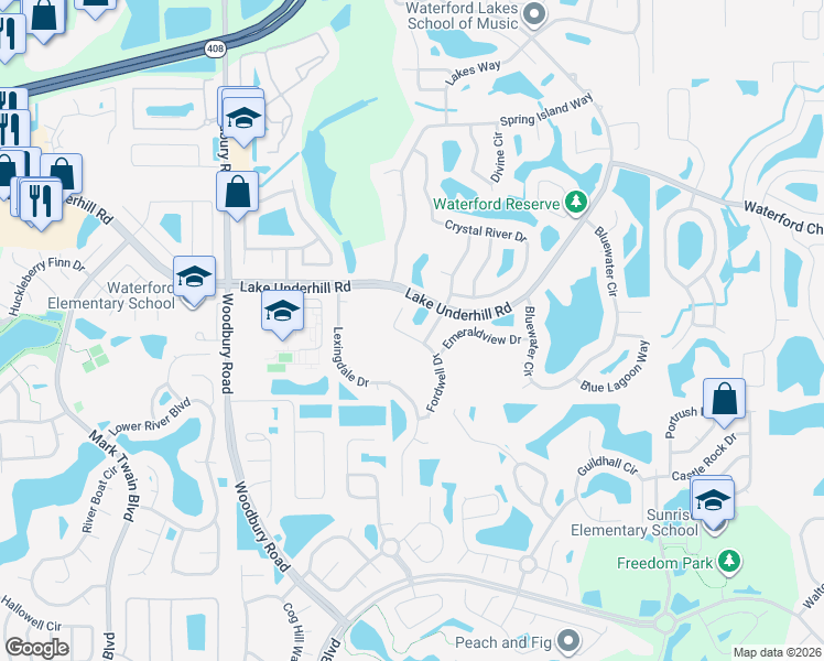 map of restaurants, bars, coffee shops, grocery stores, and more near 13534 Fordwell Drive in Orlando