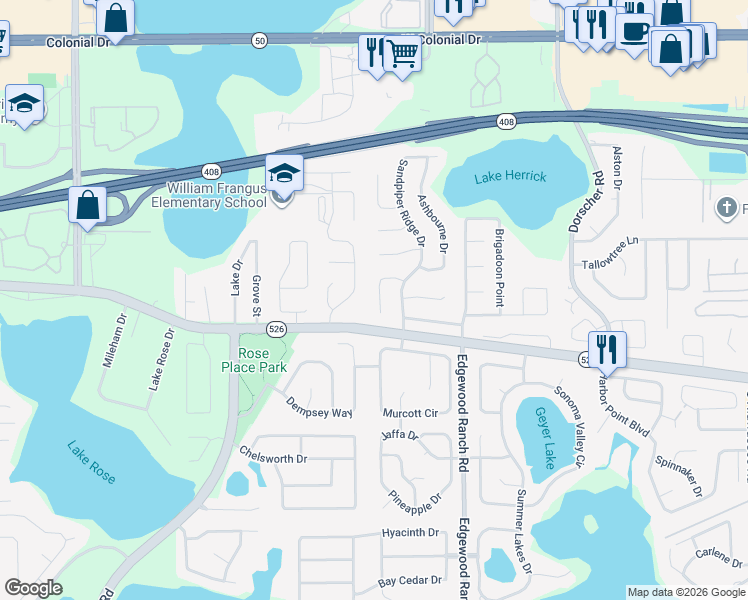 map of restaurants, bars, coffee shops, grocery stores, and more near 124 Cranfield Court in Orlando